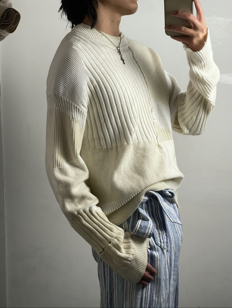 MRLEE independent style HL cashmere wool double-layer splicing sweater deconstructed lines men's pullover sweater