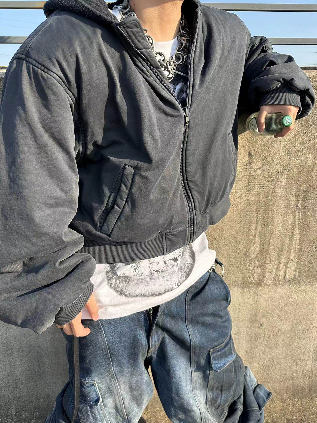 MRLEE’s independent style must-have Boxy Fit shoulder-padded cotton jacket, short distressed washed hooded jacket