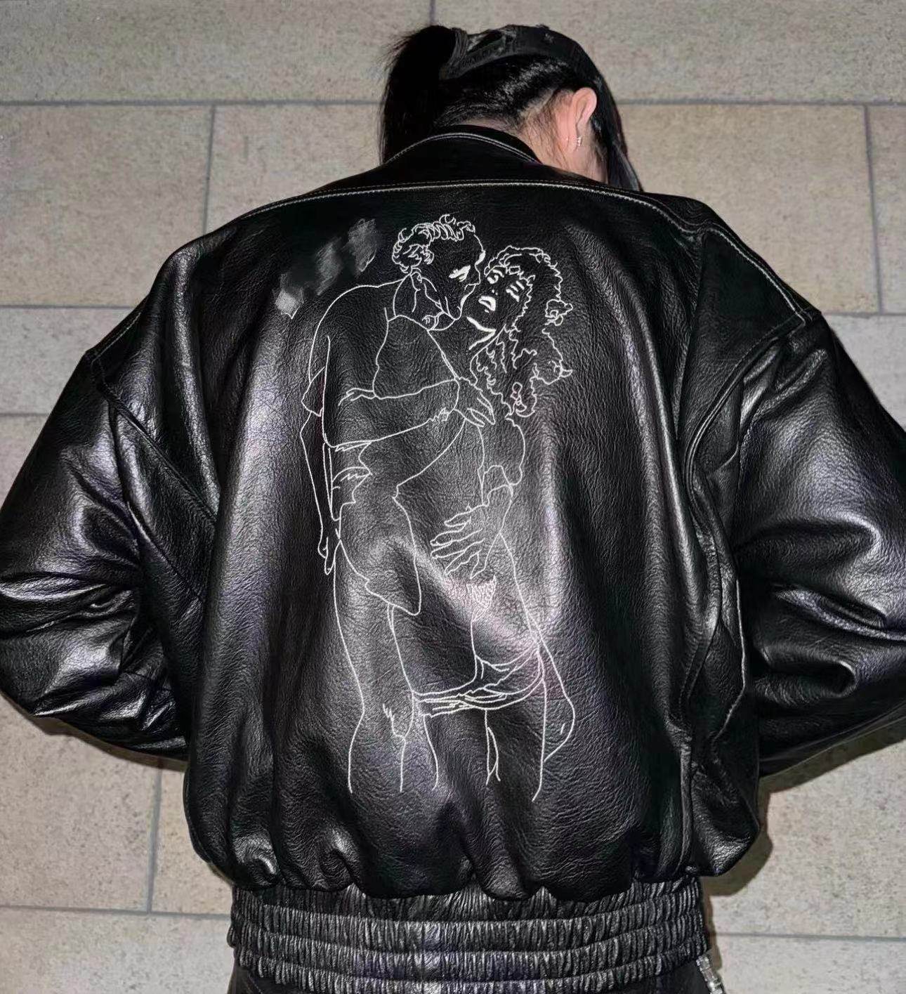 MRLEE independent style limited series Bomber Jacket bomber jacket embroidered goatskin leather jacket