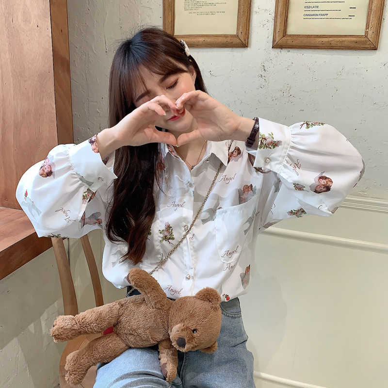原创灯笼袖天使印花bf风复古衬衣 韩宝露女装衬衫