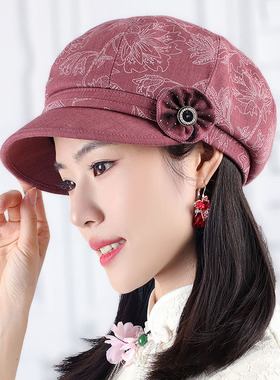 帽子八角帽薄款包边花朵青年女帽贝雷帽短沿帽春秋新款洋气鸭舌帽
