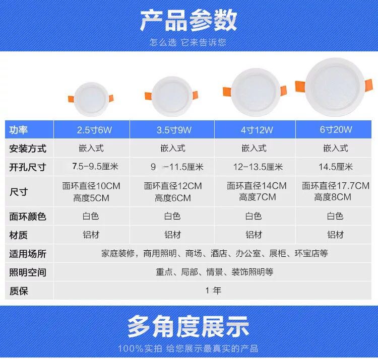 LED筒灯白富美面板灯泰2.5寸6w3.5寸9w4寸12w6寸20w天花灯 - 图1