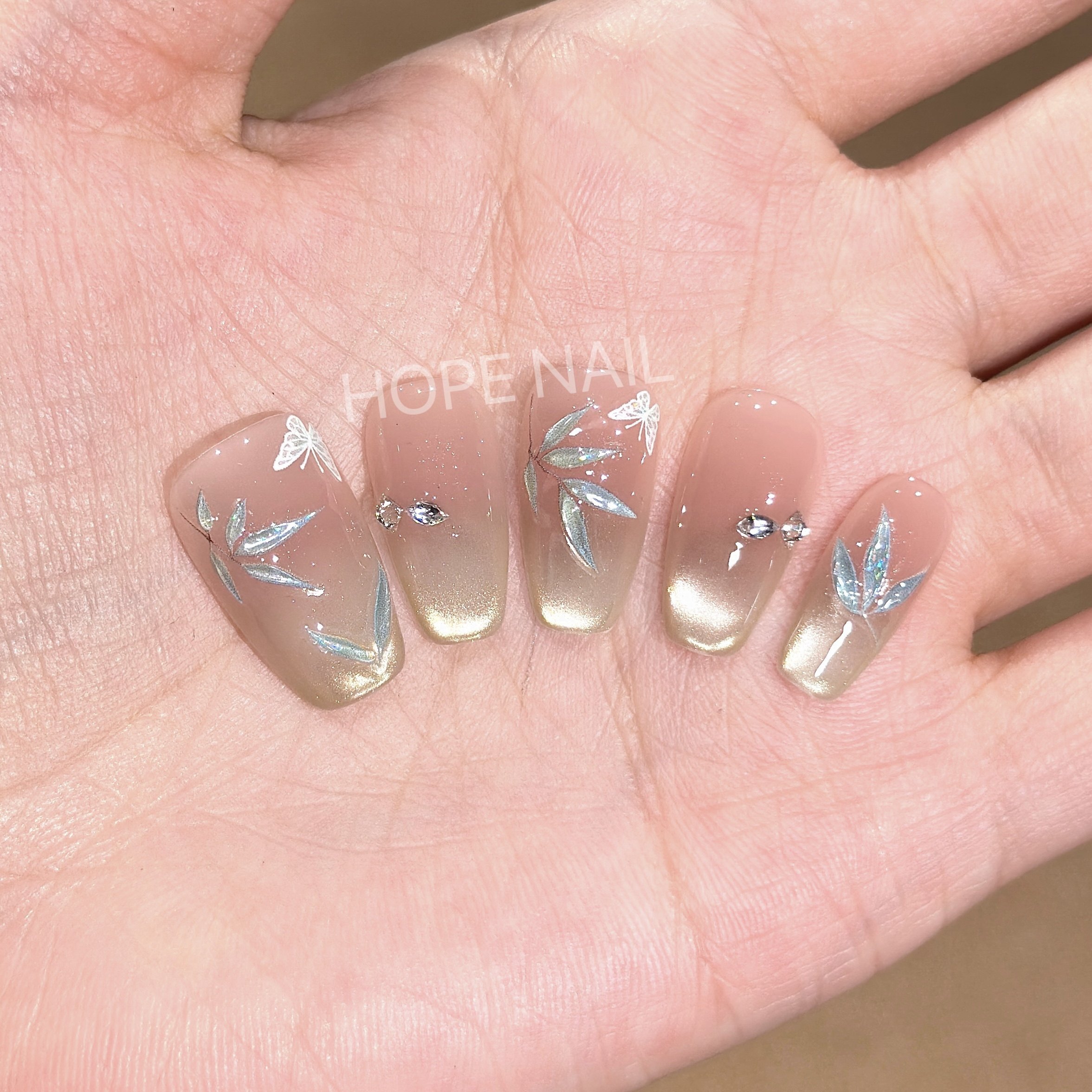 【烟雨江南】国风竹子玻璃珠猫眼手工穿戴甲清冷感蝴蝶腮红美甲贴,淘宝优惠券,粉丝福利购,淘宝优惠卷