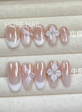 【云间白槿】高级感海莉白色法式飘带手工穿戴甲纯欲雕花美甲贴片