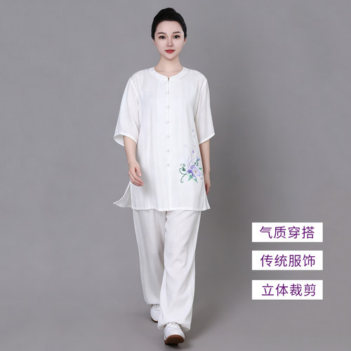 新款棉麻太极拳练功服短袖女士2026夏季太极服薄款中国风亚麻吸汗 - 图1