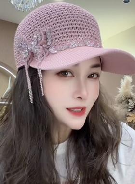 新款双层流苏蝴蝶透气网眼遮阳防晒帽显脸小重工钻链条洋气出游款