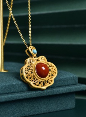南红小红书同款民族风配饰古法金如意平安锁项链镶嵌祖母红项坠