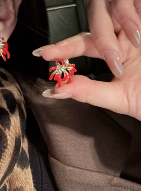 红色珐琅烟花耳环女新年耳钉轻奢高级感耳饰小众独特设计气质耳夹