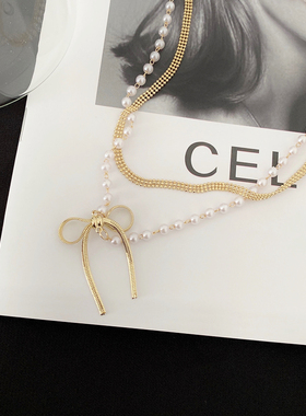 双层蝴蝶结珍珠项链女潮轻奢甜美