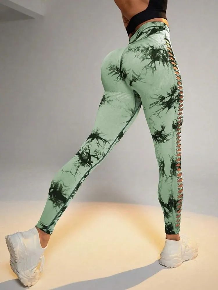 Women Tie Dye Hollow Out Leggings Sports Yoga Pants Fitness - 图2