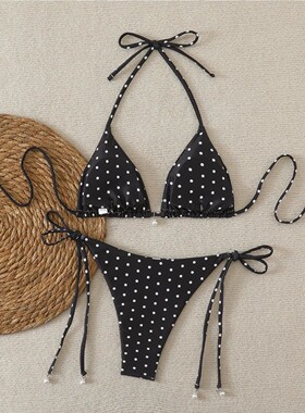 Women's Sexy Polka Dot Halter Bikini Set Lace-Up Low Waist T