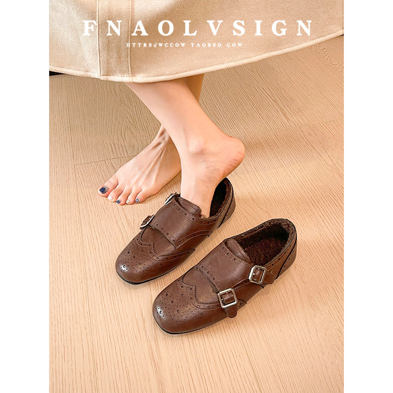 牛皮版~英伦风复古加绒乐福鞋女2025新款秋冬布洛克雕花小皮鞋女,淘宝优惠券,粉丝福利购,淘宝优惠卷