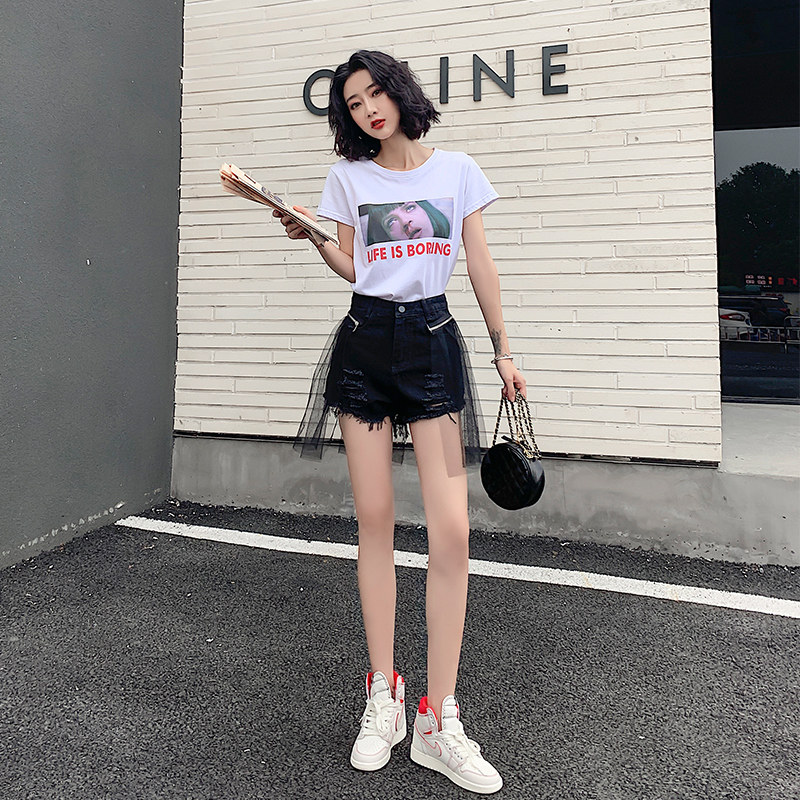 2020新款高腰牛仔夏季破洞拼接短裤 天鹅谷牛仔裤