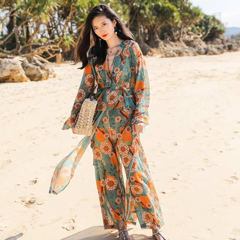 夏季新款收腰沙滩裤波西米亚阔腿裤 lumigon休闲裤