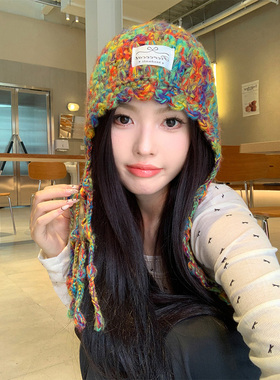 色流苏辫子毛线帽女毛绒冷帽