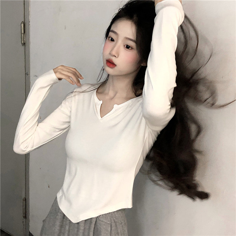 纯欲风辣妹V领长袖T恤女装秋季2024新款白色修身显瘦内搭打底上衣