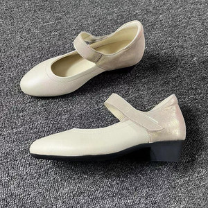 雅氏女鞋柔软中跟单鞋真皮瓢鞋玛丽珍魔术贴单鞋软皮舒适奶奶鞋女