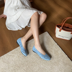 春季新款透气窗花镂空平底浅口女单鞋真皮软底瓢鞋梁雅氏舒适女鞋