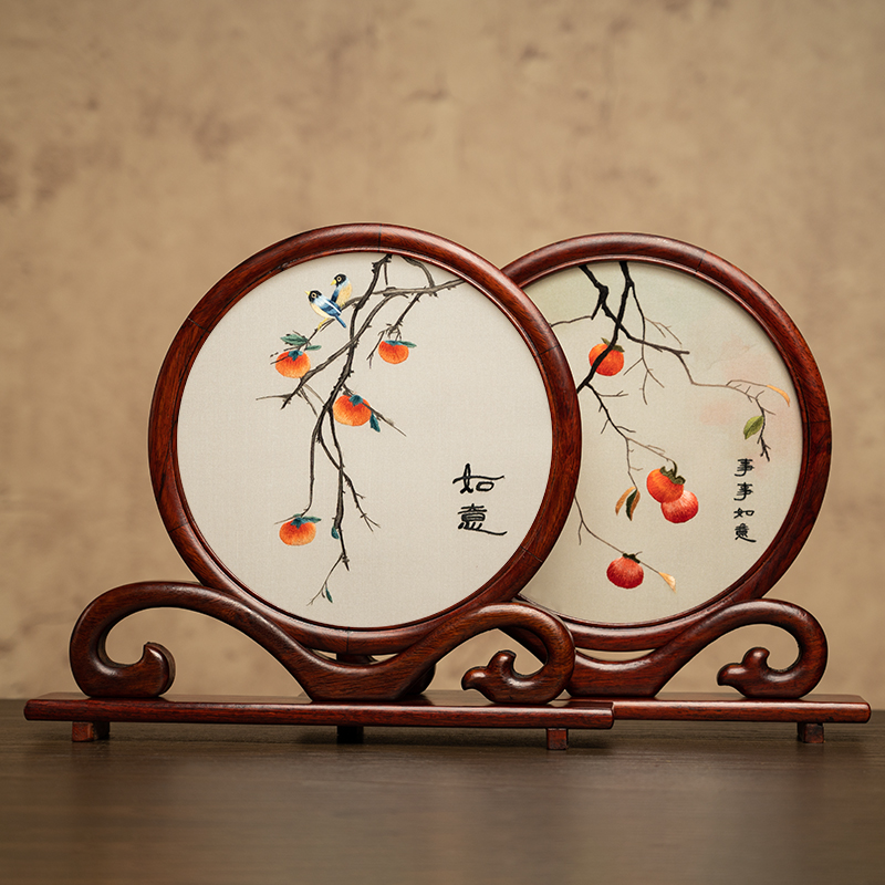 苏州刺绣摆件双面绣创意新中式装饰台屏桌面摆台绣美国风商务礼品