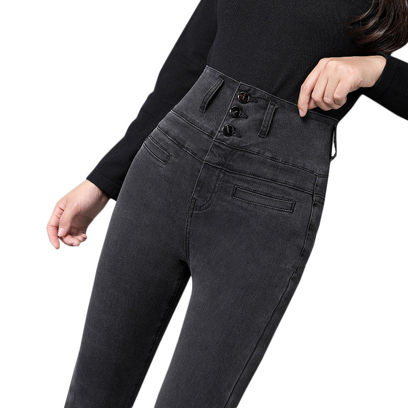 烟灰色2021新款春秋紧身高腰牛仔裤 蓝瑟牛仔裤