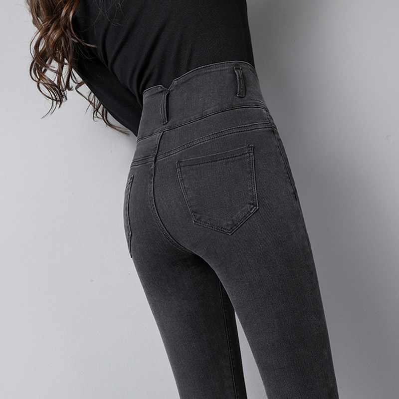 烟灰色2021新款春秋紧身高腰牛仔裤 蓝瑟牛仔裤