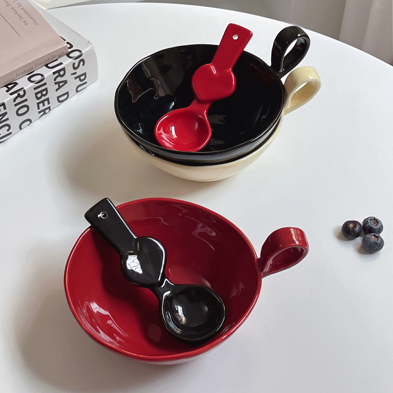 ChubbyCat 甜酷设计款陶瓷燕麦碗带勺单耳酸奶碗水果沙拉碗早餐碗