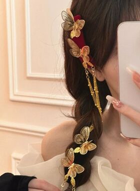新中式金色蝴蝶流苏刘海发夹