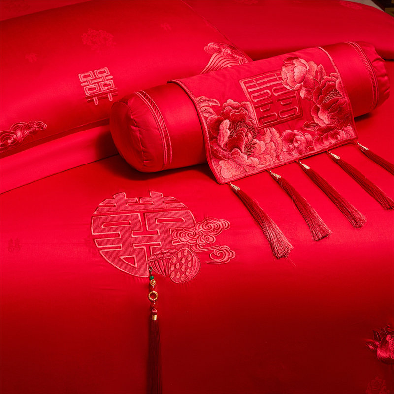 水晶家纺100支长绒棉婚庆四件套全棉大红色纯棉刺绣结婚中式床品4