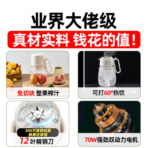 罗娅榨汁机12叶刀1000ml大容量便携式榨汁杯榨汁桶可打热饮果汁机-图0