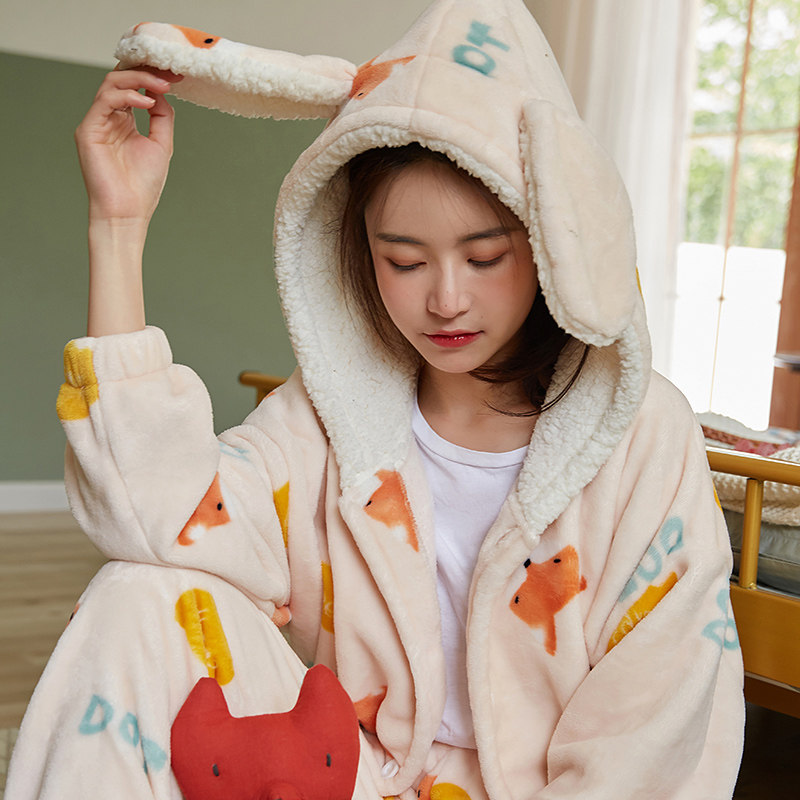 春秋天新款加绒可爱情侣法兰绒睡衣 棉籽壳睡衣/家居服套装