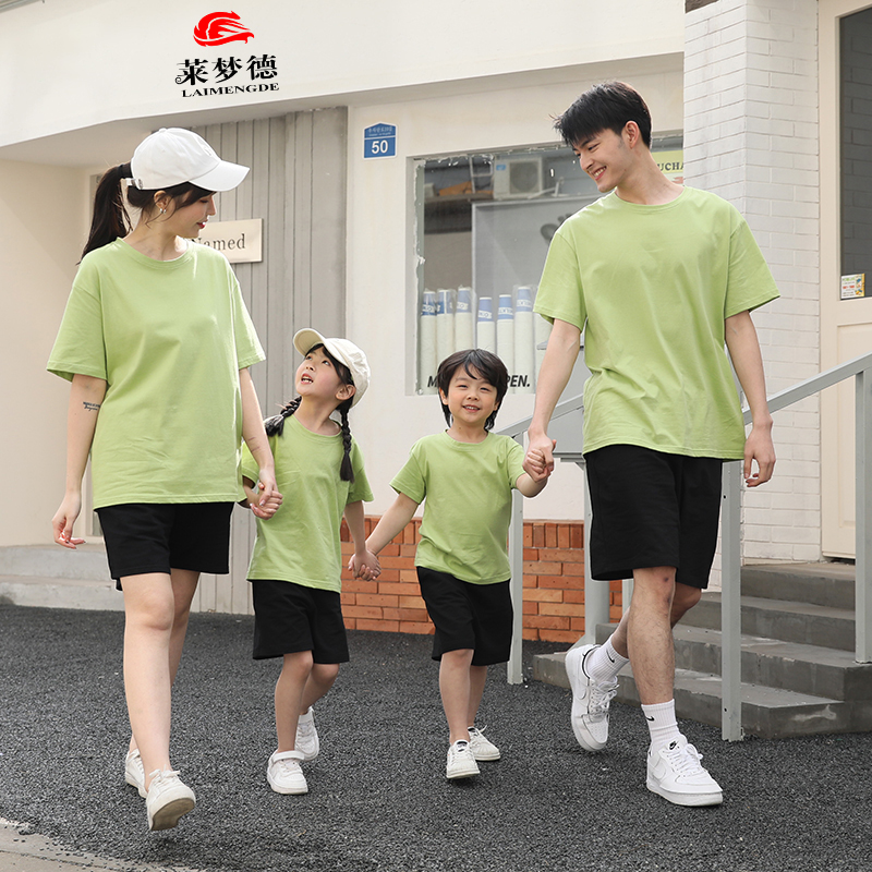亲子装夏纯色短袖T恤一家三四口男女童白t纯棉半袖打底衫团购定制