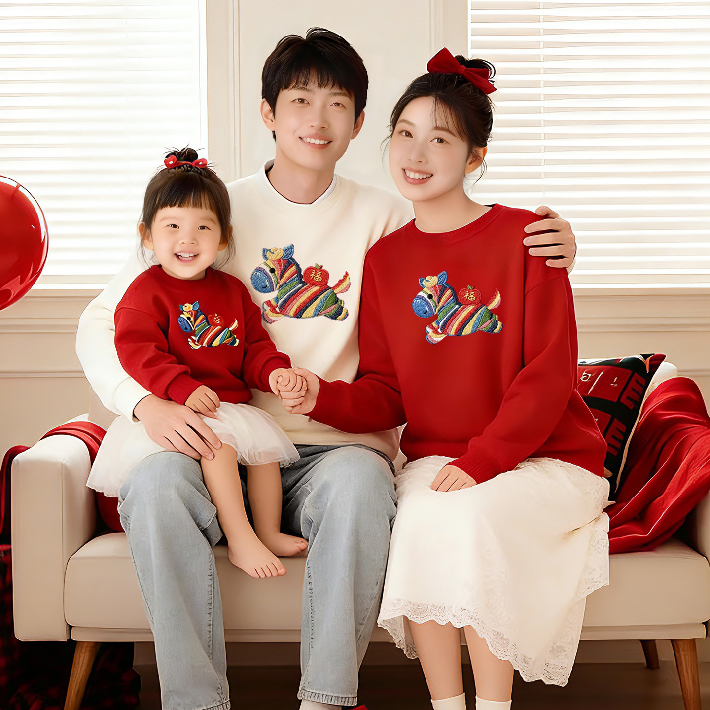 卡通拜年服2026马年亲子装卫衣一家三口红色加绒秋冬新年拍照卫衣,淘宝优惠券,粉丝福利购,淘宝优惠卷