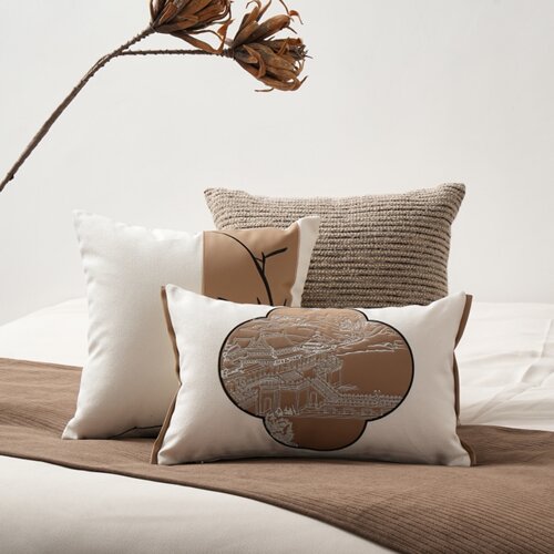 新中式新古典样板房展厅床品 宋式美学高端软装桔色系 床上用品 - 图1