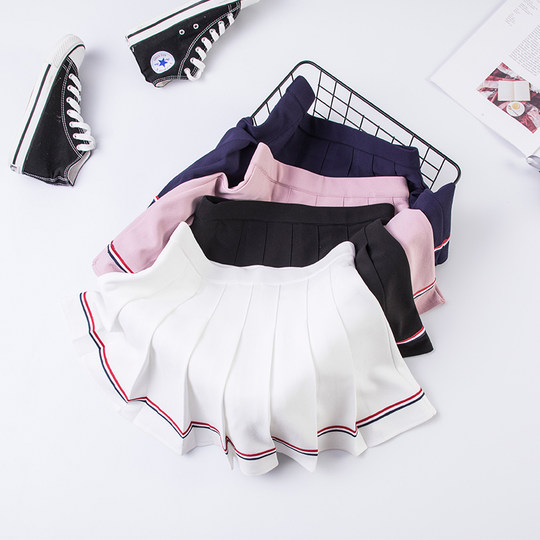 Student elastic waist striped skirt pink