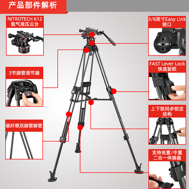 曼富图MVK612TWINFC/MVK612TWINFA快速扳锁3节三脚架液压云台套装 - 图1