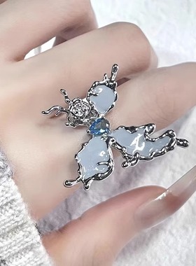 雾霾蓝蝴蝶蛇玫瑰镂空开口气质镶钻小众轻奢高级感指环戒指