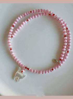 可爱少女粉色猫眼石南红玛瑙白蝶贝猫咪串珠项炼小众百搭锁骨炼