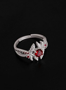 复古轻奢石榴石羽毛红蓼花戒指女新中式时尚红宝锆石小排钻指环