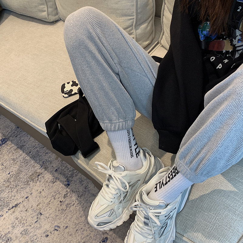 灰色秋冬季2020新款宽松束脚潮卫裤 伊索芙休闲裤