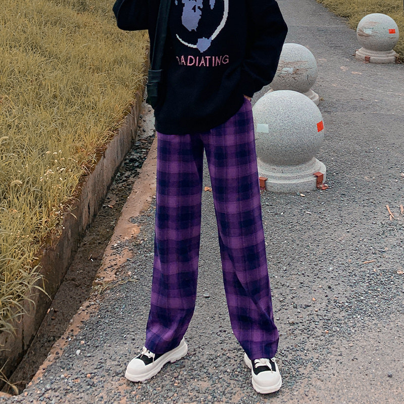 紫色格子裤2020秋季新款宽松长裤 伊索芙休闲裤