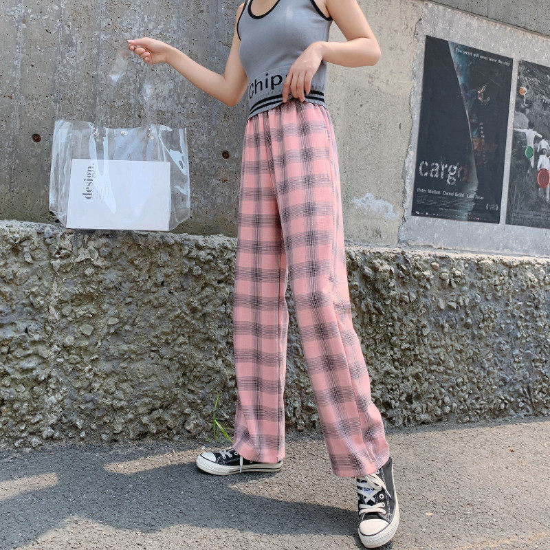 格子阔腿裤垂感夏季薄款拖地直筒 伊索芙休闲裤