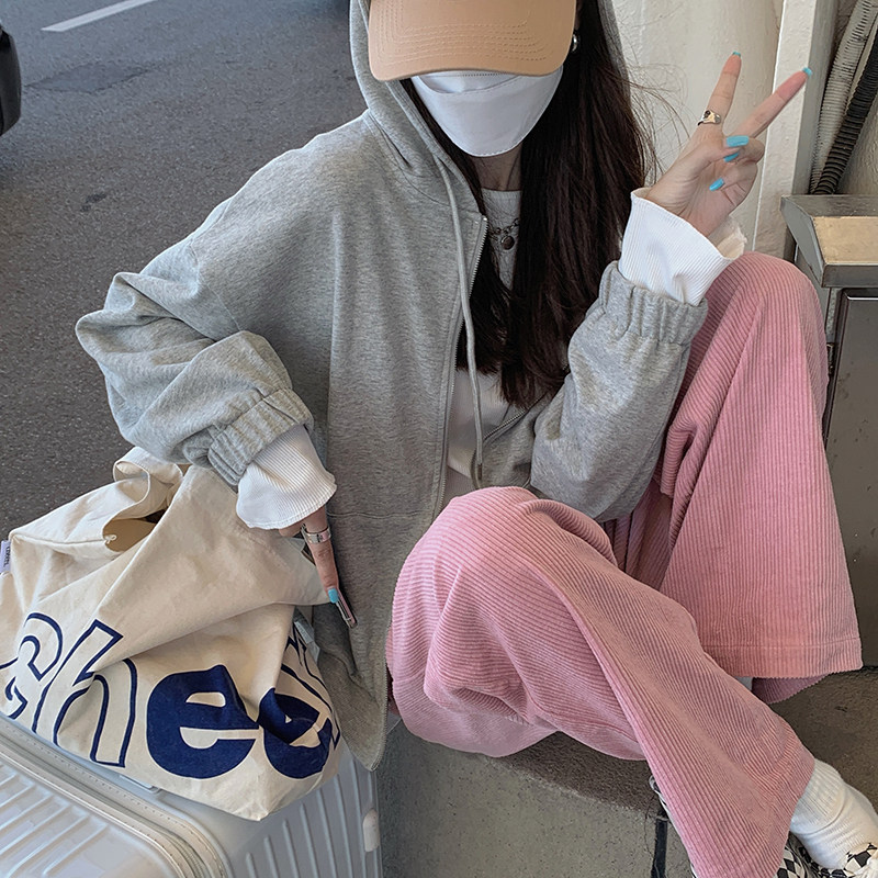 粉色灯芯绒裤子女秋冬季新款阔腿裤 伊索芙休闲裤