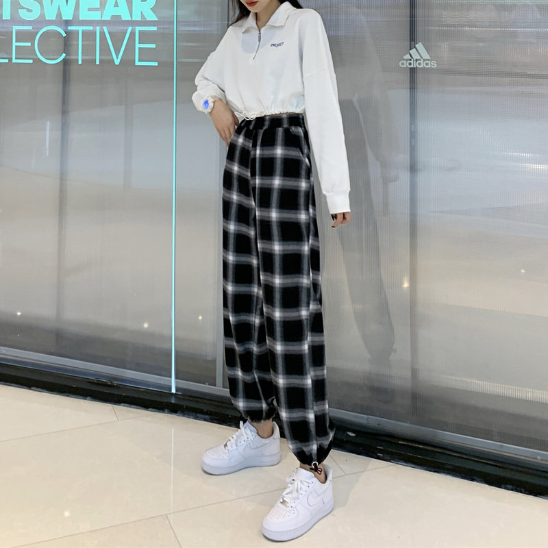 黑白格子裤宽松直筒束脚2020运动裤 伊索芙休闲裤