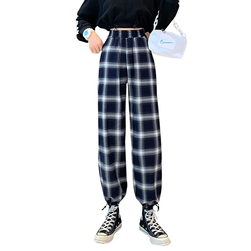 黑白格子裤宽松直筒束脚2020运动裤 伊索芙休闲裤