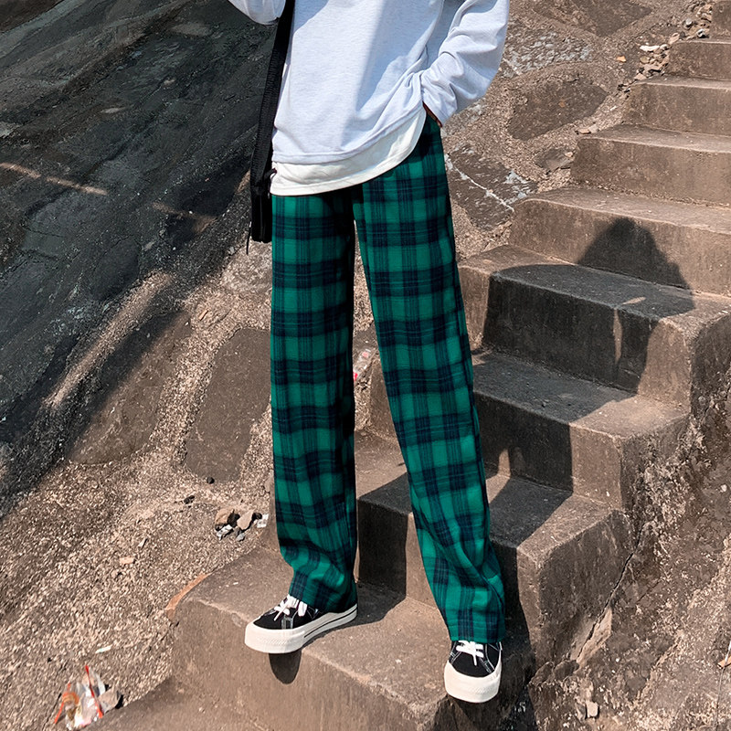 绿色格子宽松直筒2020秋季新款裤 伊索芙休闲裤