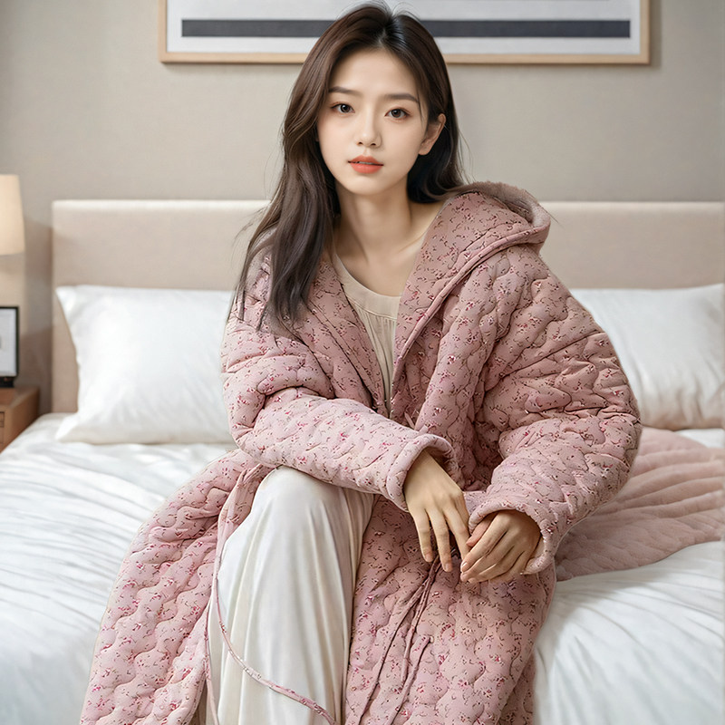 夹棉袄睡袍女秋冬季长袖三层加厚小碎花珊瑚绒连帽保暖睡衣法兰绒,淘宝优惠券,粉丝福利购,淘宝优惠卷