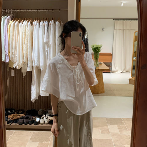 100％亚麻2026夏季新款宽松V领衬衫女上衣韩系短款木耳边系带小衫 - 图1