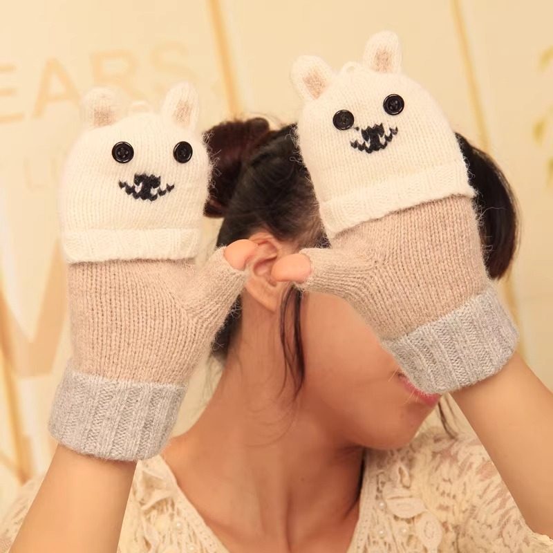 半指手套女秋冬季保暖日系可爱羊毛露指半截翻盖针织毛线女士手套,淘宝优惠券,粉丝福利购,淘宝优惠卷