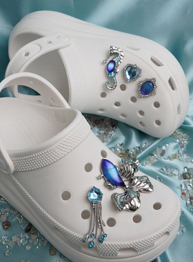 蓝色高级感crocs洞洞鞋金属鞋花
