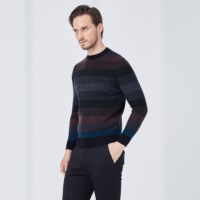 Aogu's new striped thick pullover round neck wool shirt
